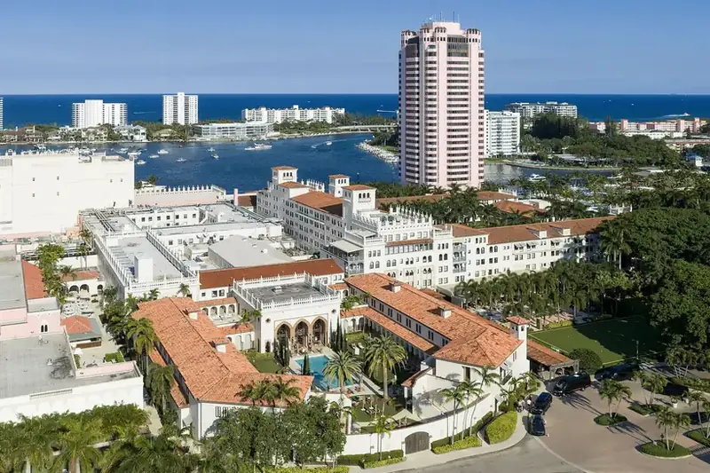 Aerial view of the Boca Raton Resort's Mediterranean Revival buildings and pink tower, Boca Raton, Florida